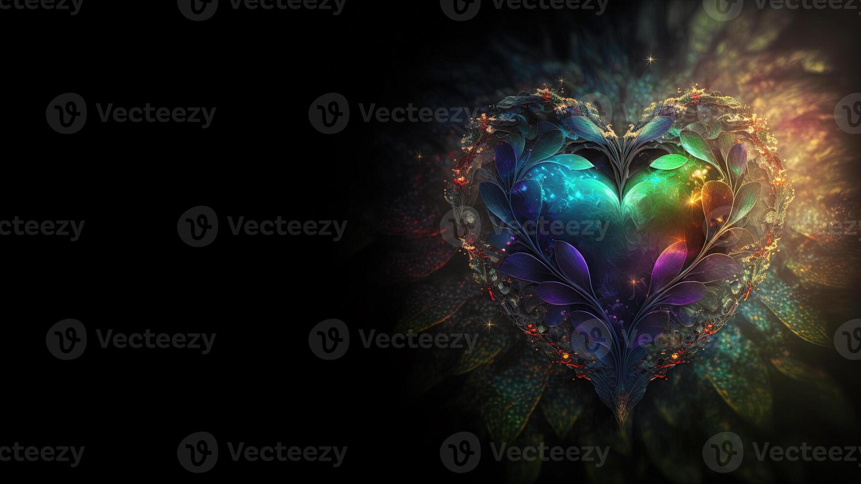 , Green chakra heart fantasy digital illustration. Love, feelings, charity, kindness, romantic St. Valentine's Day concept. Glowing cosmic design, horizontal banner. photo