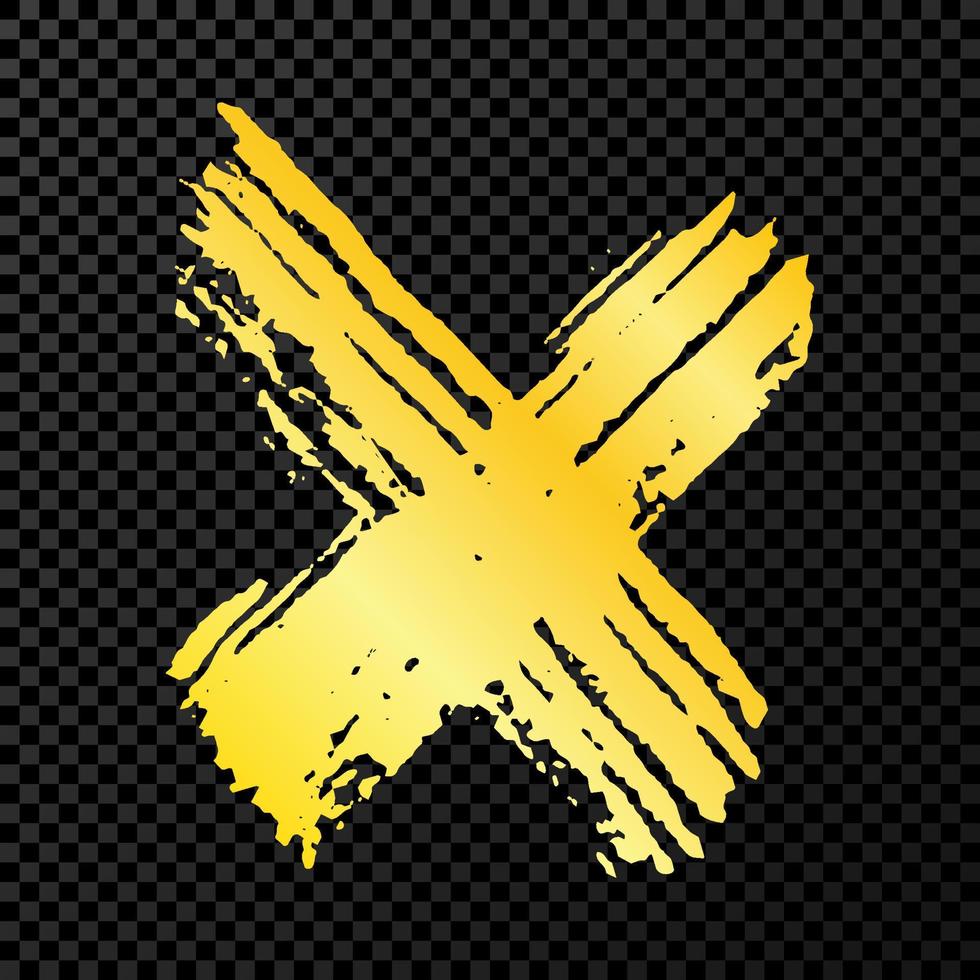 Gold grunge brush strokes. Gold cross painted with a brush. Ink spot isolated on dark vector