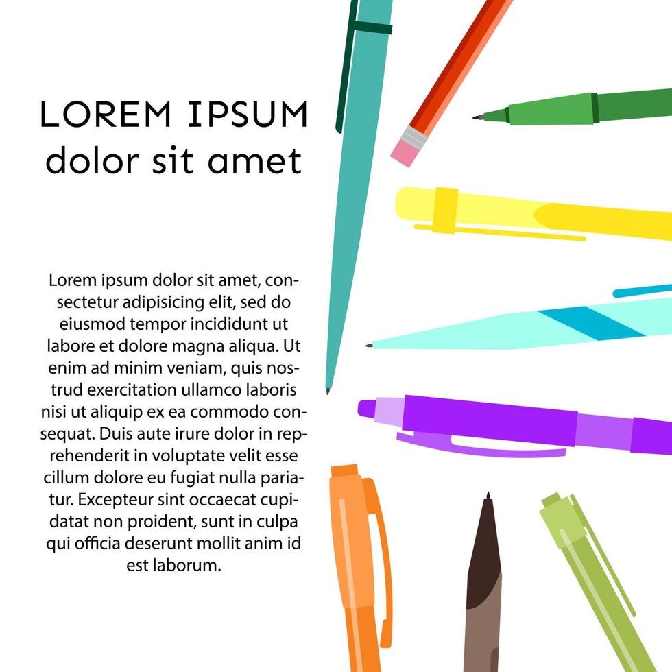 fondo con bolígrafos, lápices y lugar para el texto. ilustración vectorial vector