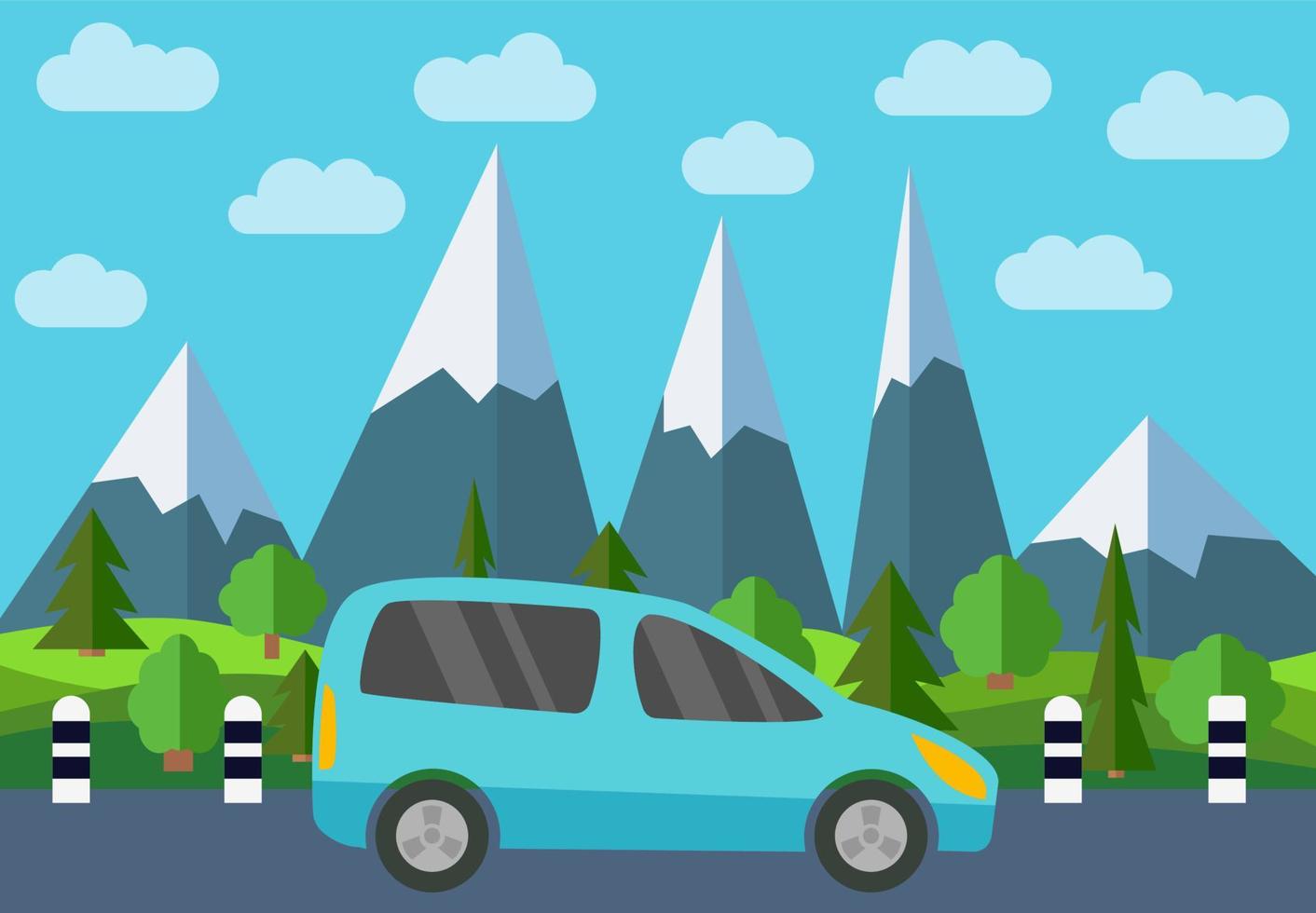 azul coche en el la carretera en contra el fondo de el bosque y montañas. vector ilustración.