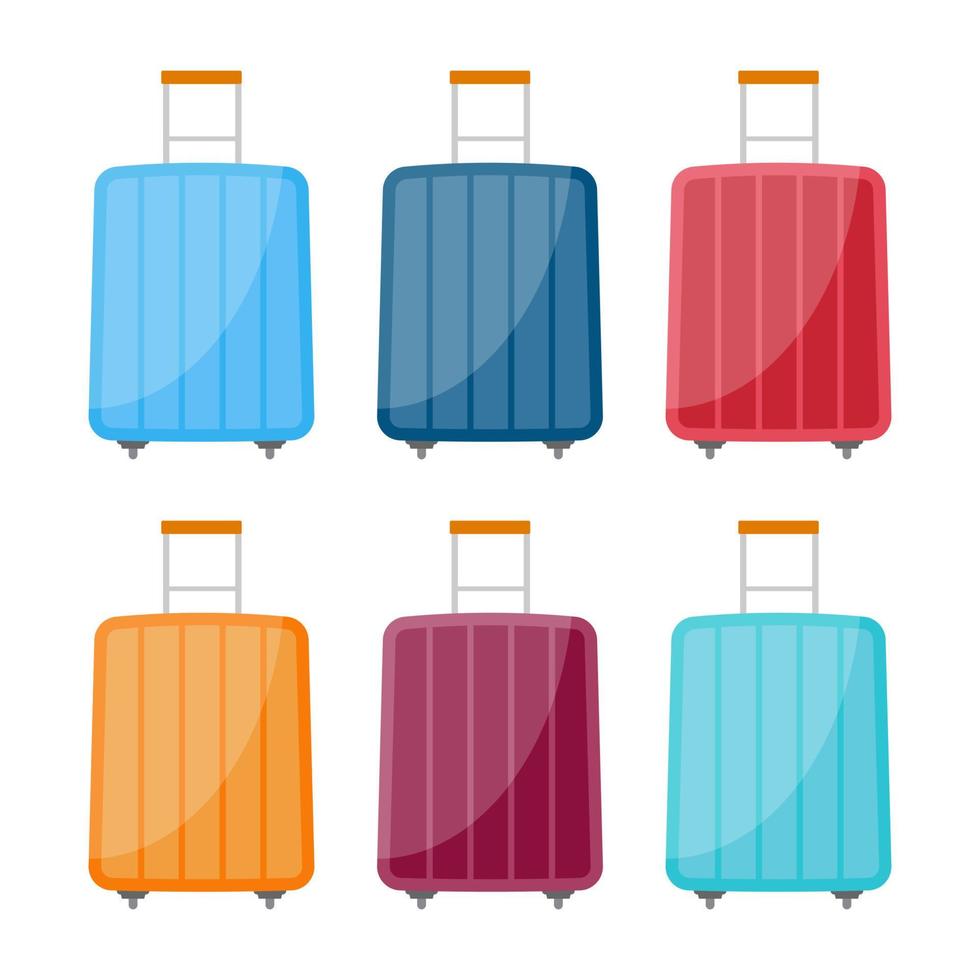 Set of six multicolored wheeled travel bag with luggage on white background. Suitcase for journey trip in flat style. Vector illustration