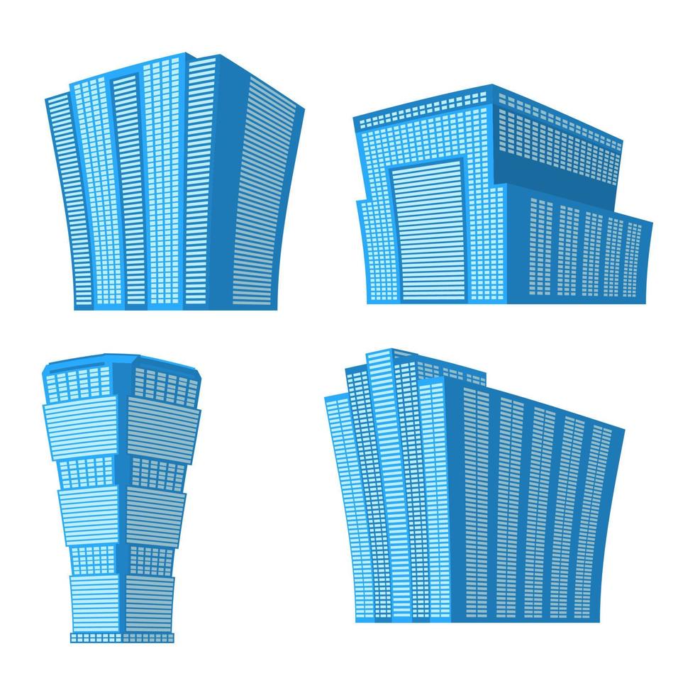 conjunto de cuatro edificios modernos de gran altura sobre un fondo blanco. vista del edificio desde abajo. ilustración vectorial isométrica. vector