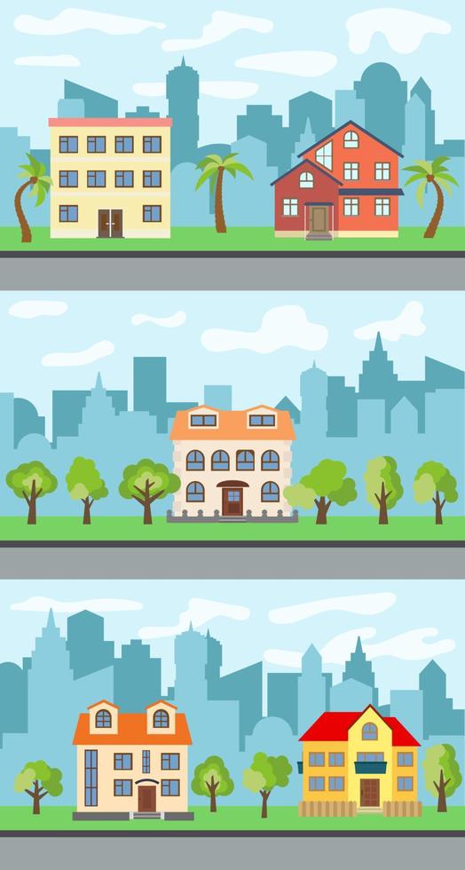 Set of three vector illustrations of city street with cartoon houses and trees. Summer urban landscape. Street view with cityscape on a background