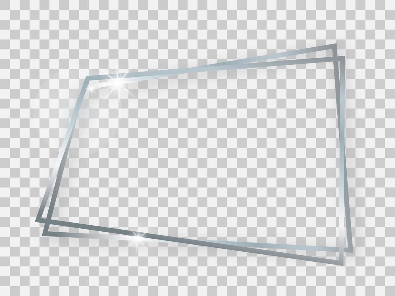 Double silver shiny trapezoid frame with glowing effects and shadows on transparent background. Vector illustration