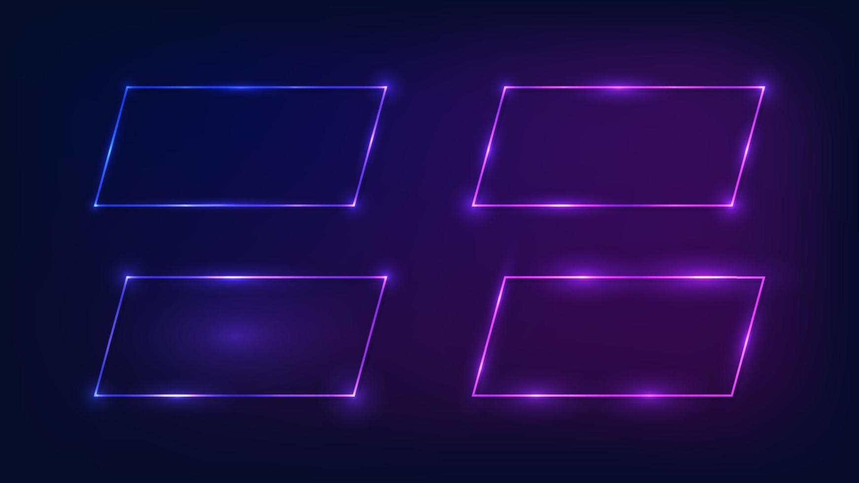 Set of four neon frames with shining effects on dark background. Empty glowing techno backdrop. Vector illustration.