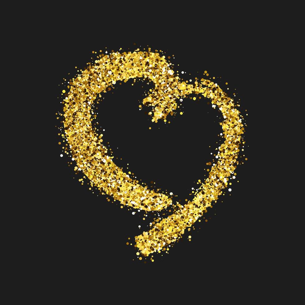 Gold glitter doodle heart on dark background. Gold grunge hand drawn heart. Romantic love symbol. Vector illustration.