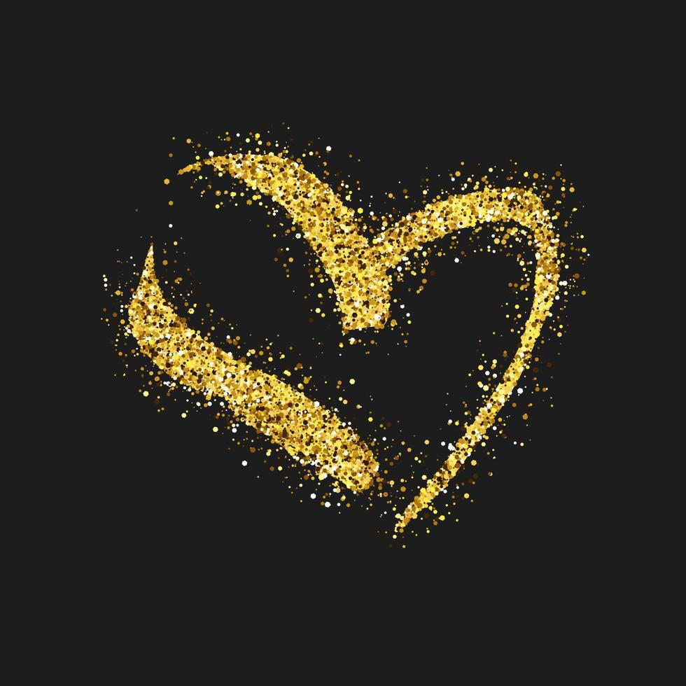 Gold glitter doodle heart on dark background. Gold grunge hand drawn heart. Romantic love symbol. Vector illustration.