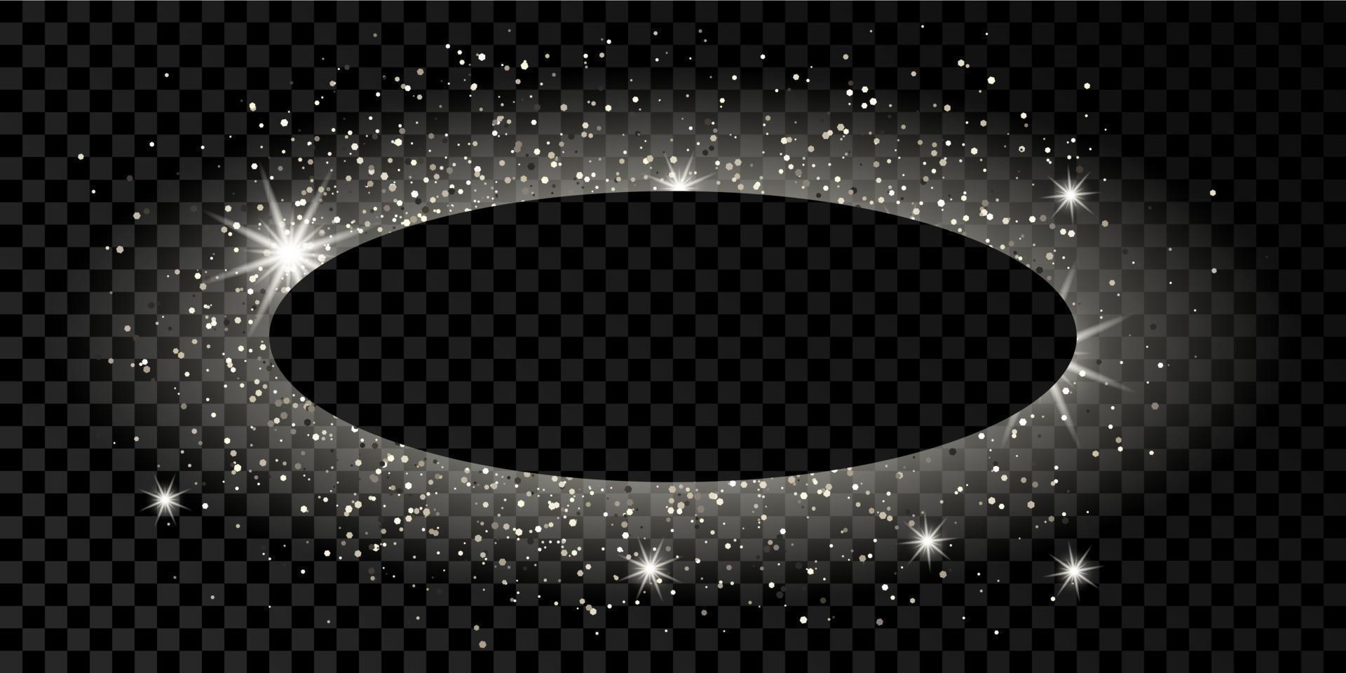 Silver oval frame with glitter, sparkles and flares on dark vector