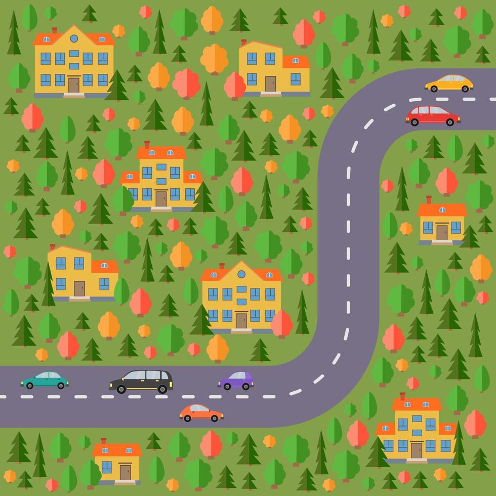 Plan of village. Landscape with the road, forest, cars and yellow houses. Vector illustration