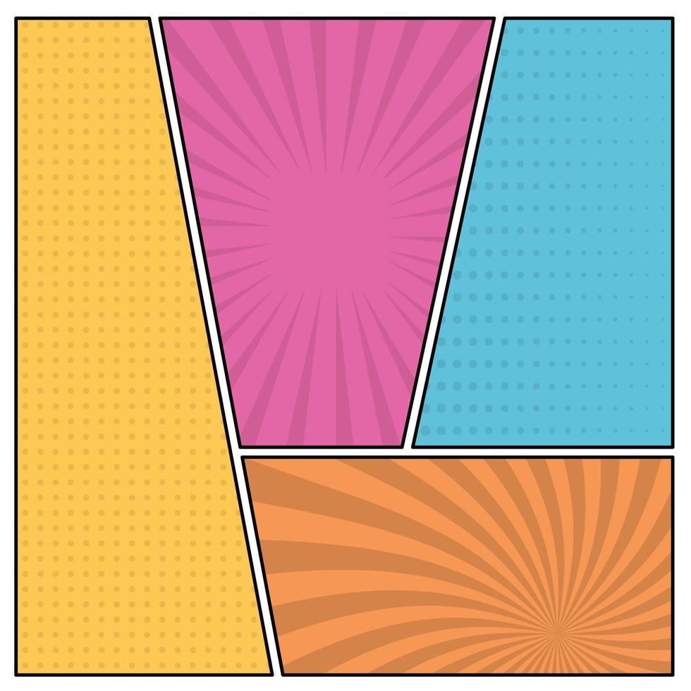 Colorful comic book page background in pop art style. Empty template with rays and dots pattern. Vector illustration