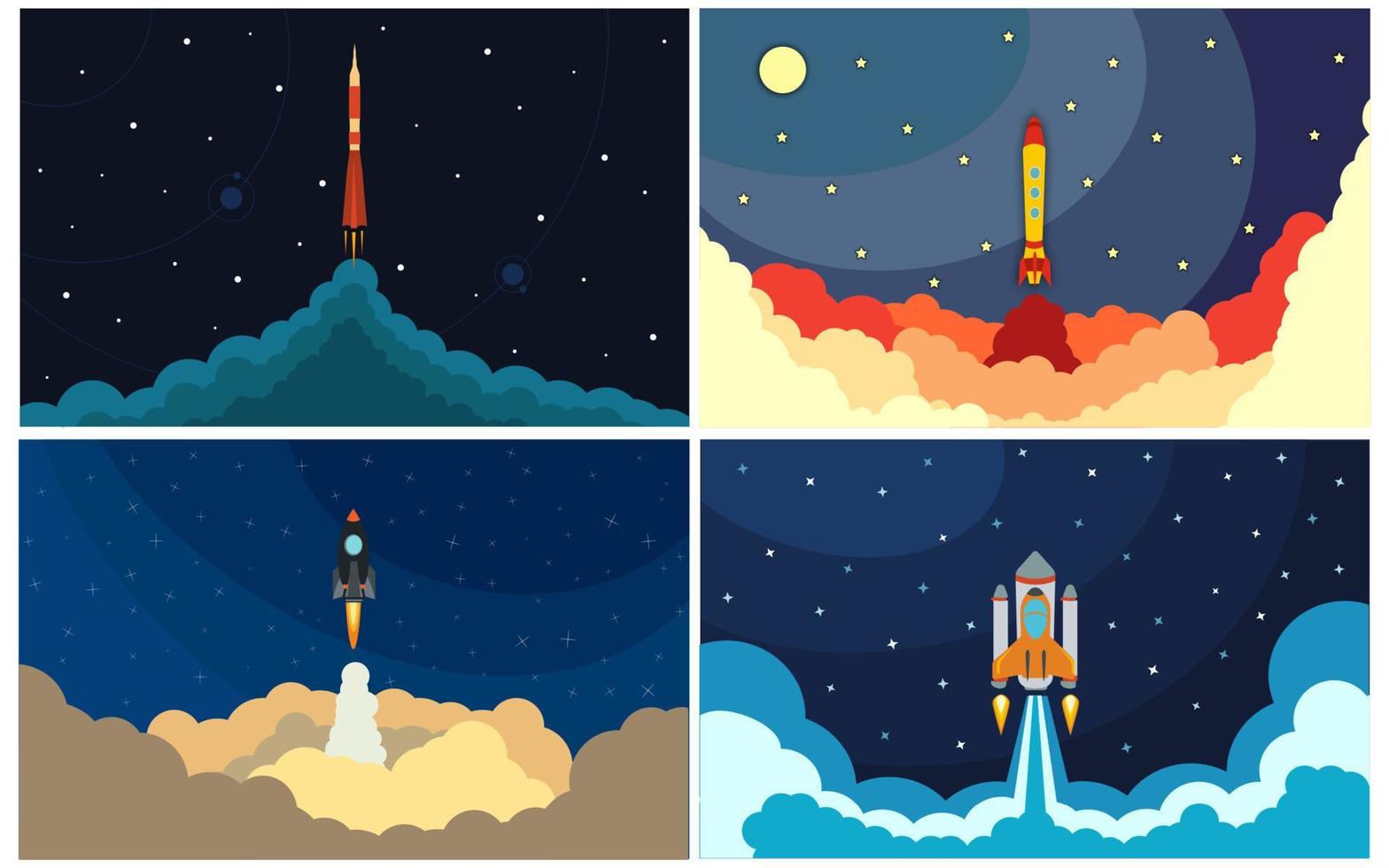 Set of space rocket launch. Vector illustration with flying rocket. Space travel. Project development. Creative idea.