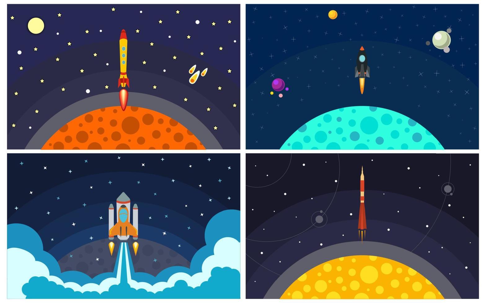 Set of four vector illustration with flying rocket. Space travel.