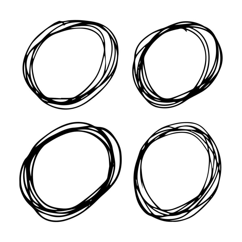 Hand drawn scribble circles. Set of four black doodle round circular design elements on white background. Vector illustration