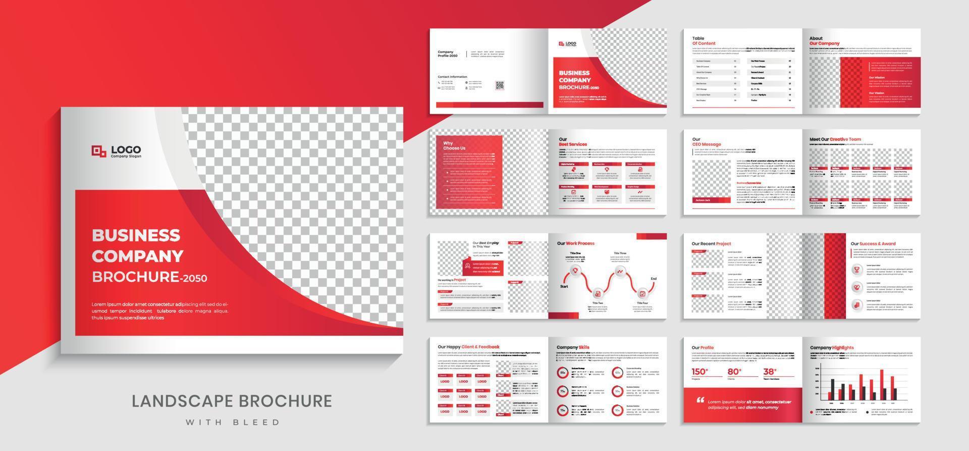 Landscape company profile brochure design or red color shape brochure template vector