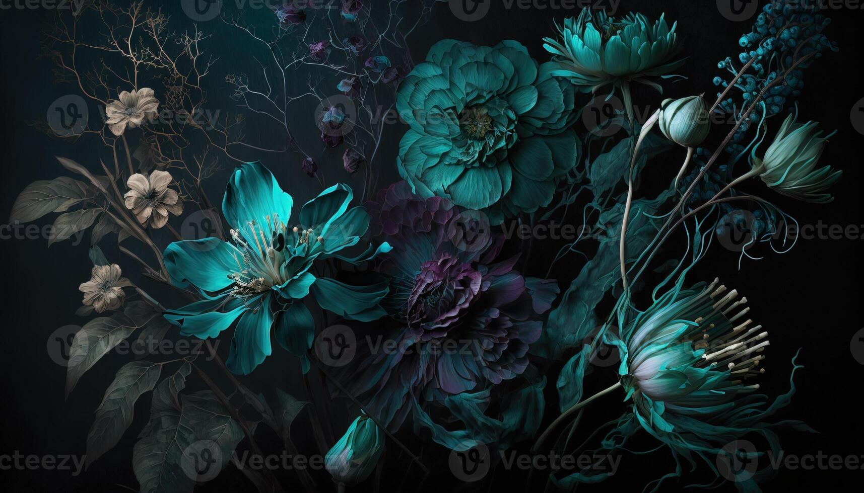 , Close up of blooming flowerbeds of amazing teal flowers on dark moody floral textured background. Photorealistic effect. photo