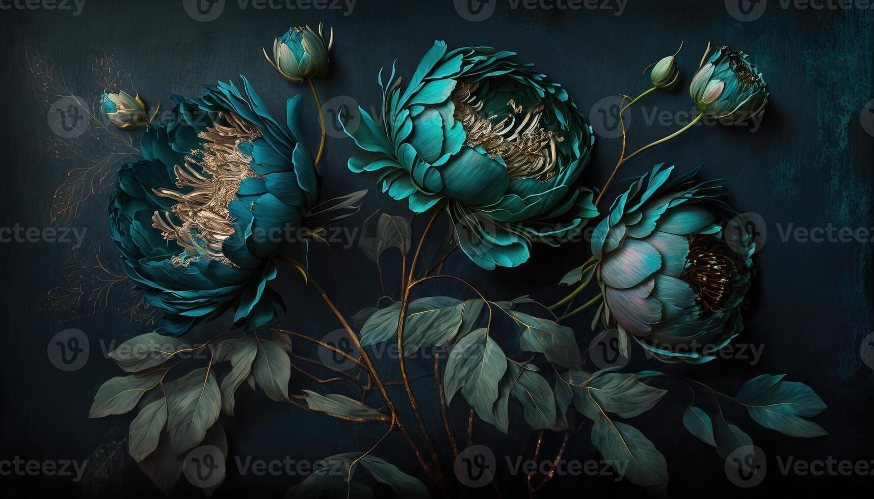 , Close up of blooming flowerbeds of amazing teal flowers on dark moody floral textured background. Photorealistic effect. photo