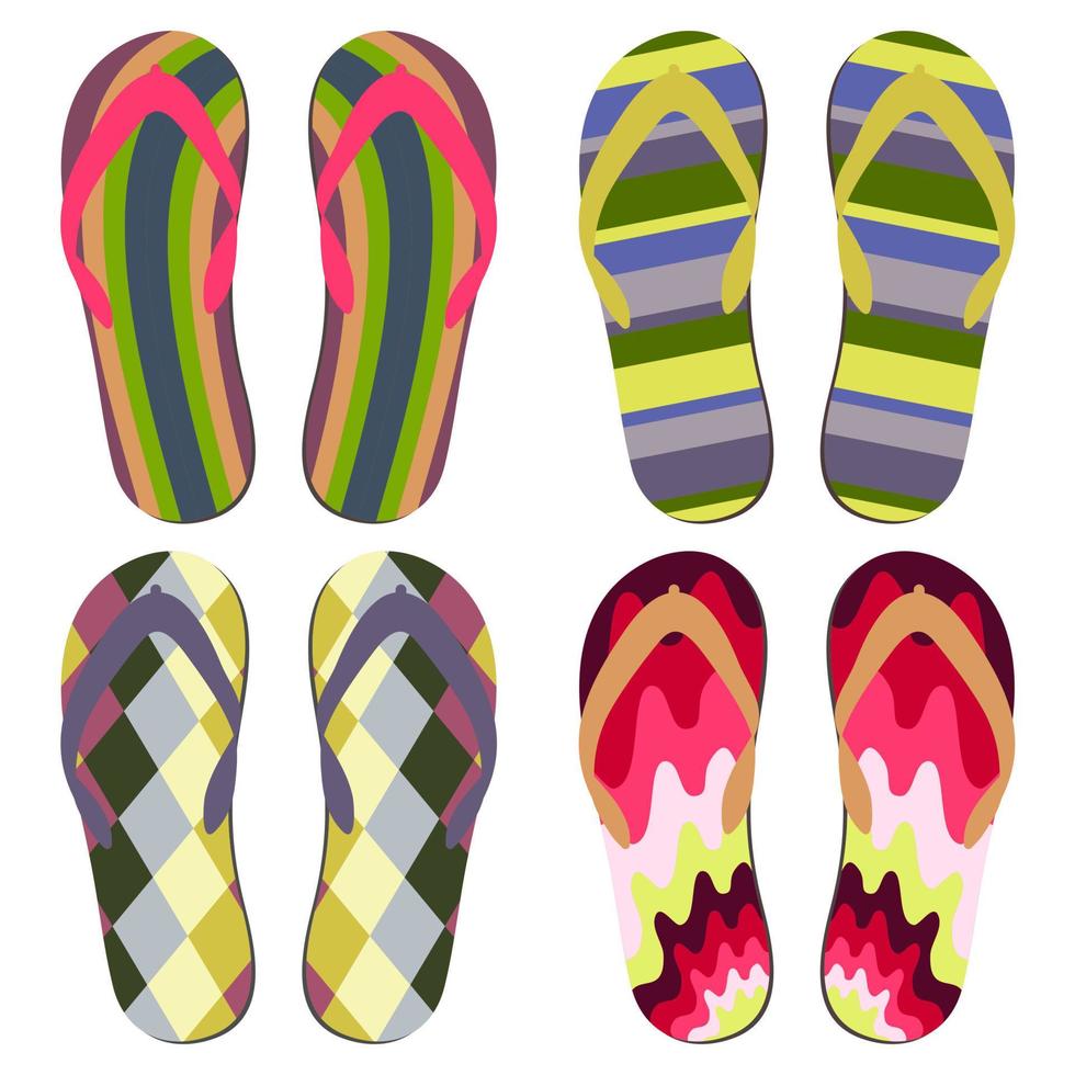 Set of Beach Slippers. Colorful Summer Flip Flops Over White Background vector