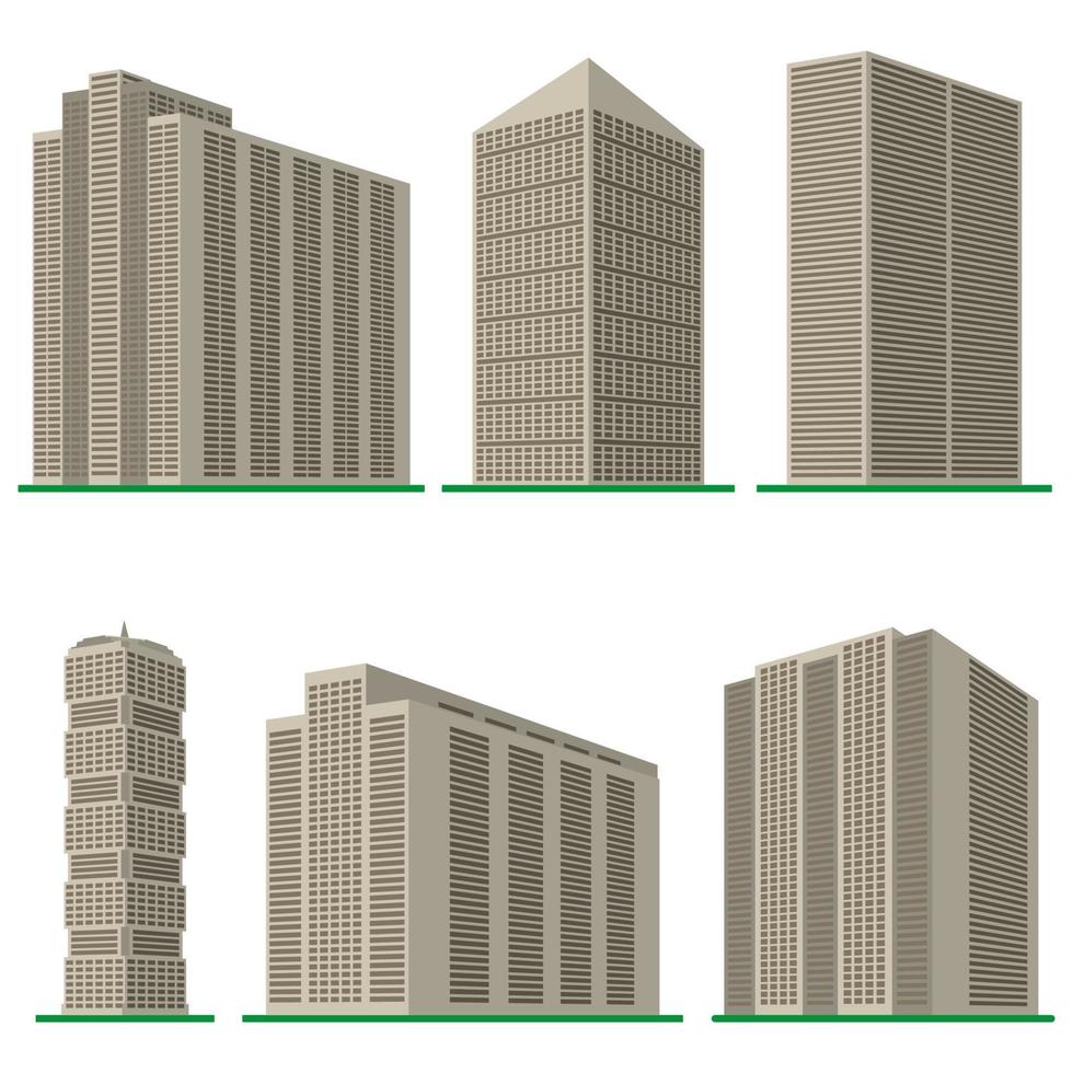 Set of six modern high-rise building on a white background. View of the building from the bottom. Isometric vector illustration.