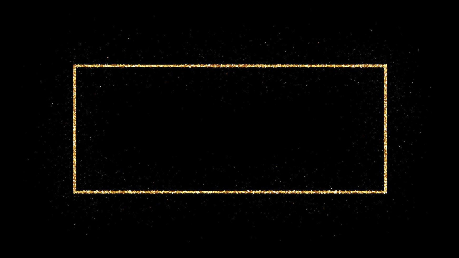 Golden rectangle frame with glitter, sparkles and flares on dark background. Empty luxury backdrop. Vector illustration.