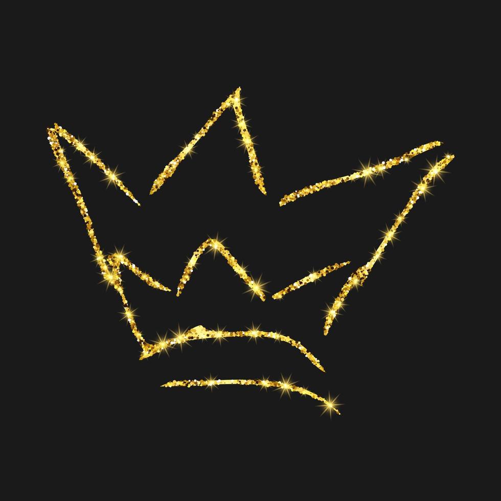 Gold glitter hand drawn crown. Simple graffiti sketch queen or king crown. Royal imperial coronation and monarch symbol isolated on dark background. Vector illustration.