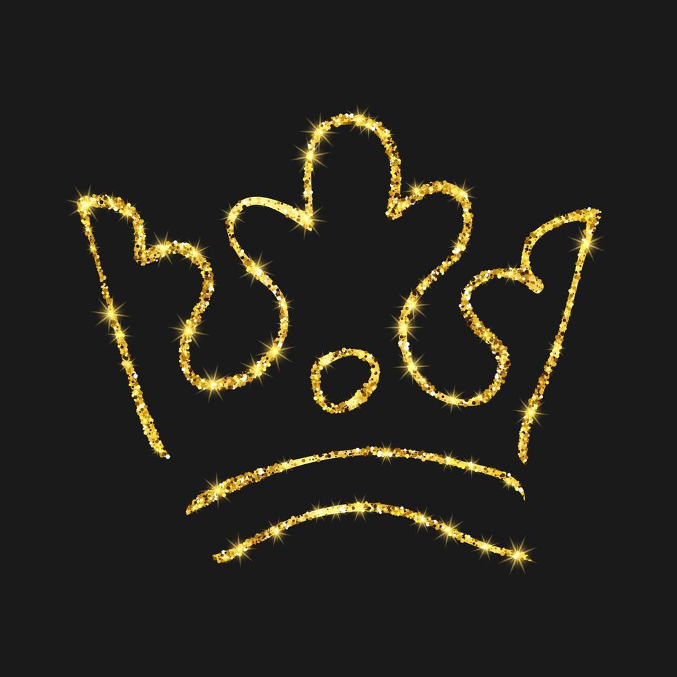 Gold glitter hand drawn crown. Simple graffiti sketch queen or king crown. Royal imperial coronation and monarch symbol isolated on dark background vector