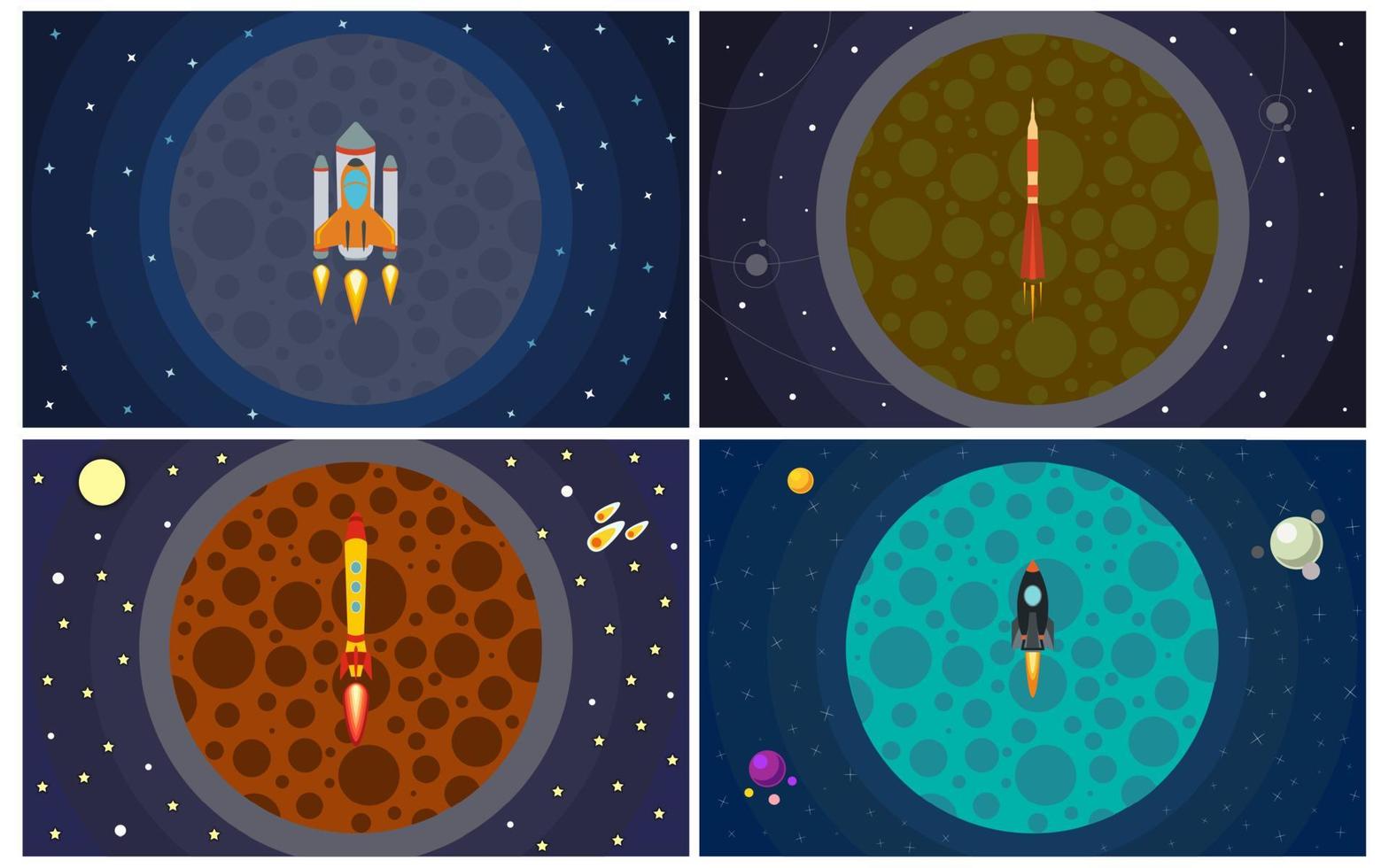 Set of four vector illustration with flying rocket. Space travel.