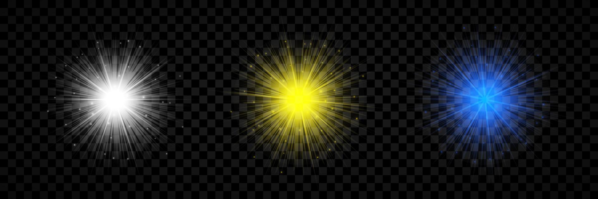 Light effect of lens flares. Set of three white, yellow and blue glowing lights starburst effects with sparkles vector