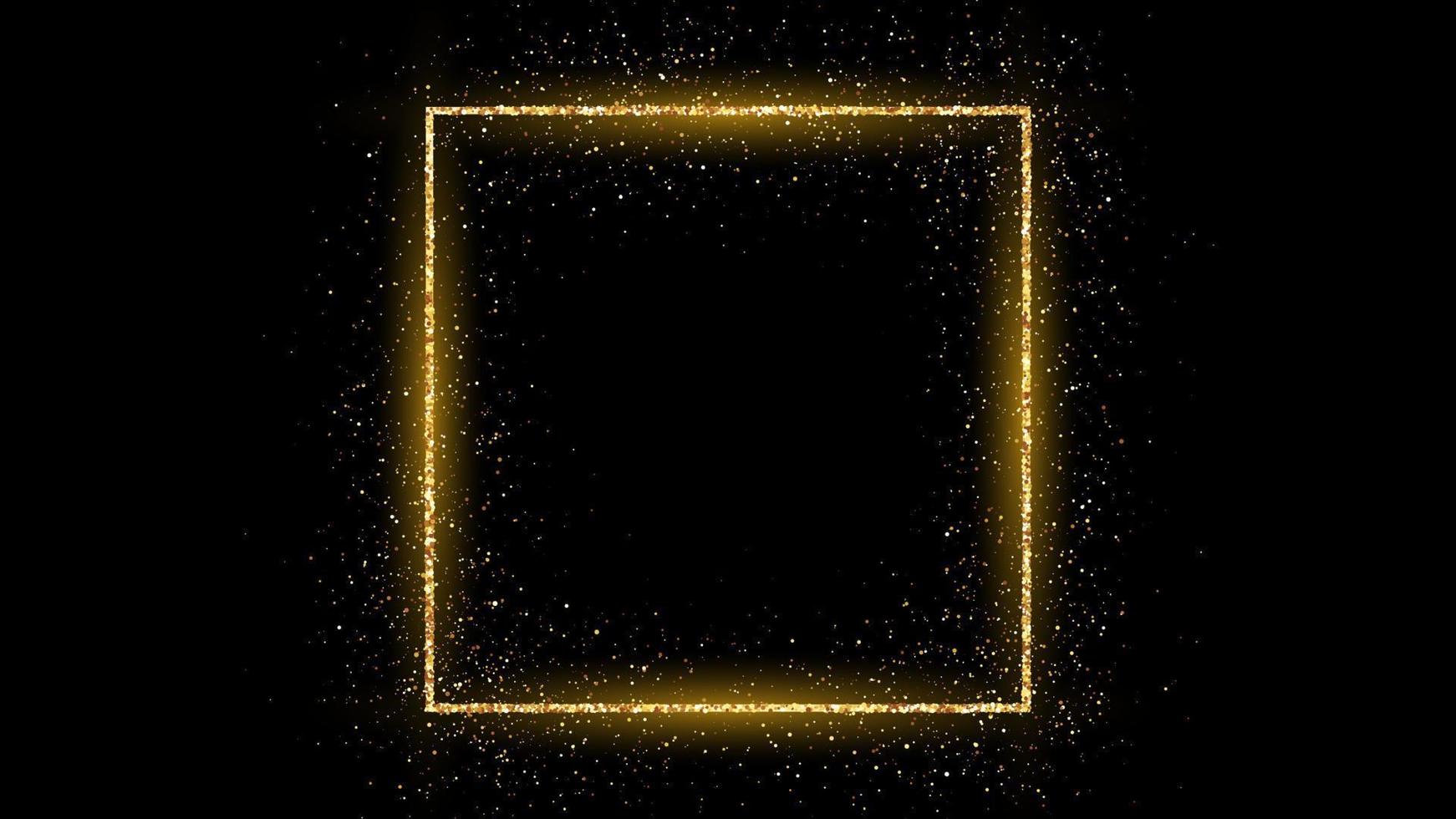 Golden square frame with glitter, sparkles and flares on dark background. Empty luxury backdrop. Vector illustration.
