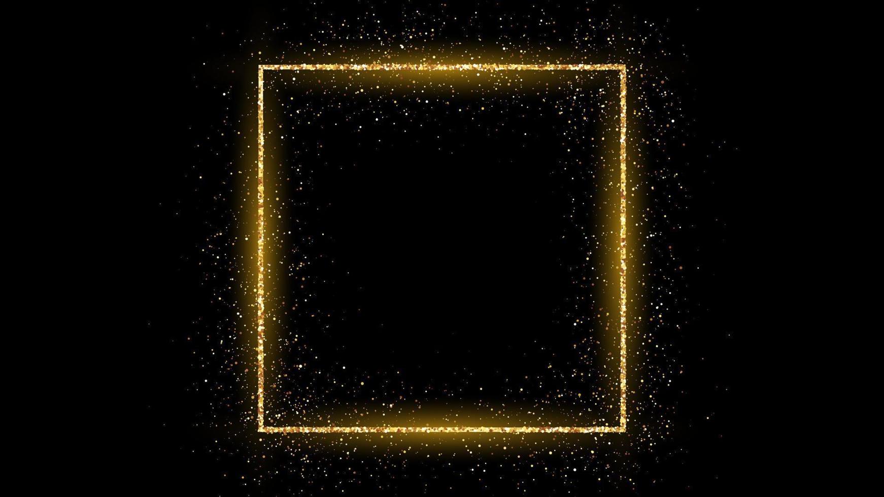 Golden square frame with glitter, sparkles and flares on dark background. Empty luxury backdrop. Vector illustration.