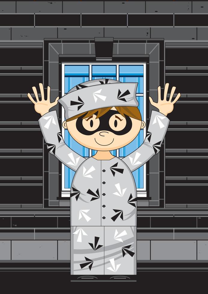 Cartoon Masked Prisoner in Classic Arrow Style Prison Uniform with Hands Up vector