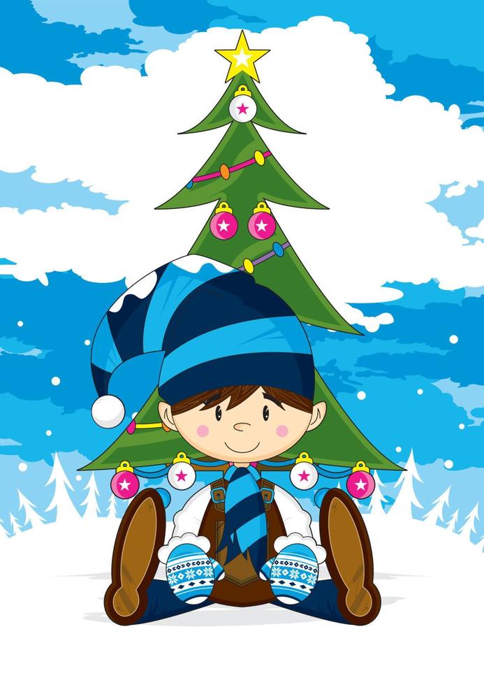 Cartoon Christmas Elf and Xmas Tree vector