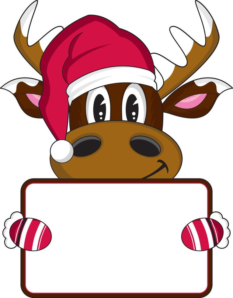 Cartoon Santa Claus Christmas Reindeer Character with Sign vector