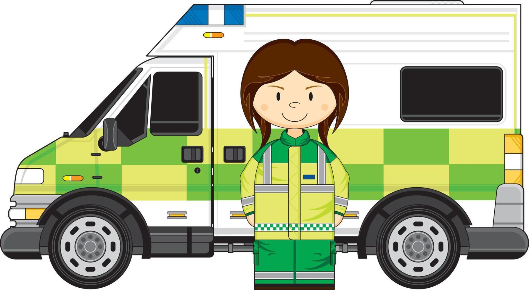 linda dibujos animados británico paramédico con ambulancia vector