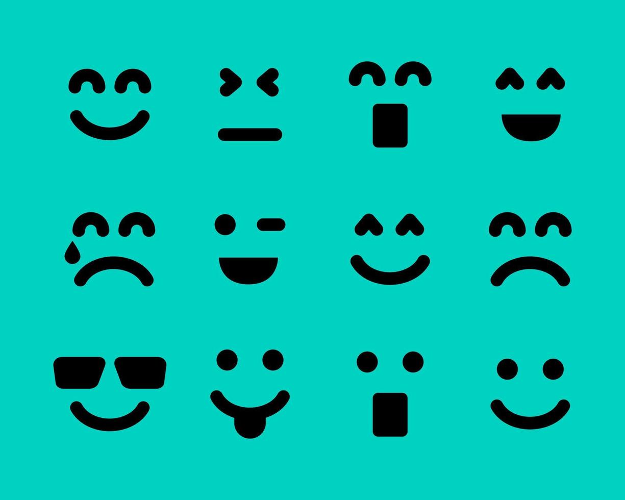 Cartoon faces with emotions. Set of twelve different emoticons. Vector illustration