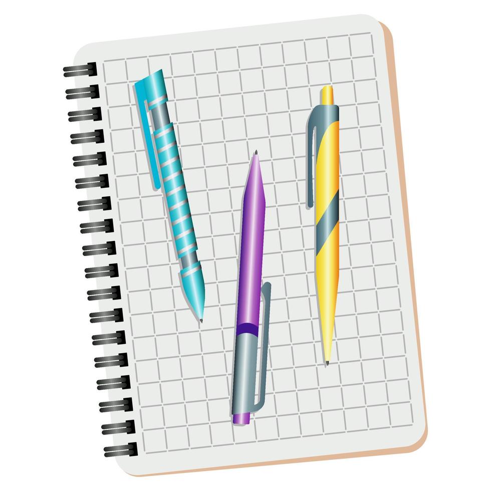 Notebook, blue pen, purple pen and yellow pen on a white background vector