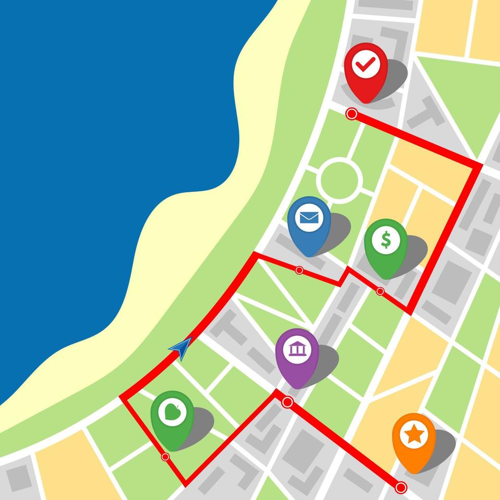 mapa de la ciudad de una ciudad imaginaria con un río y una ruta de varias paradas. ilustración vectorial vector