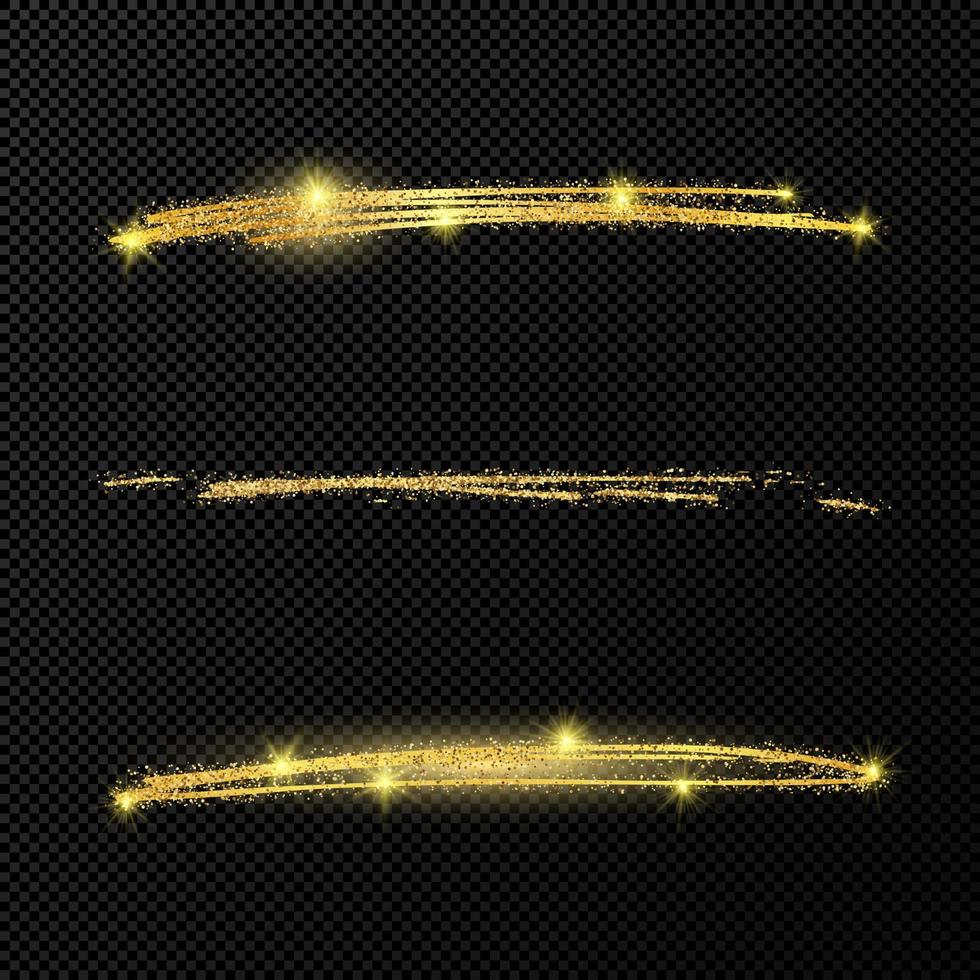 Abstract shiny confetti glittering waves. Set of three hand drawn brush golden strokes on black vector