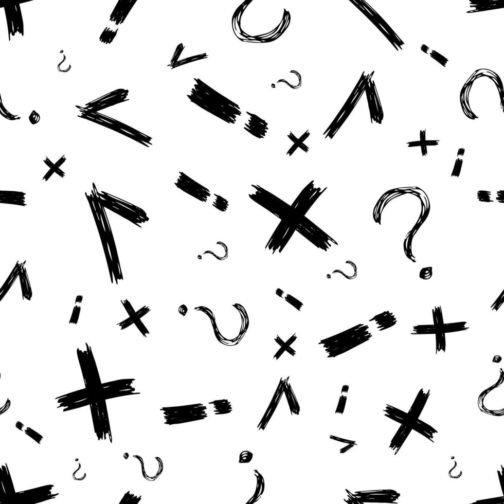 Seamless pattern with hand drawn check, cross, exclamation and question mark symbols. Black sketch check symbol on white background. Vector illustration