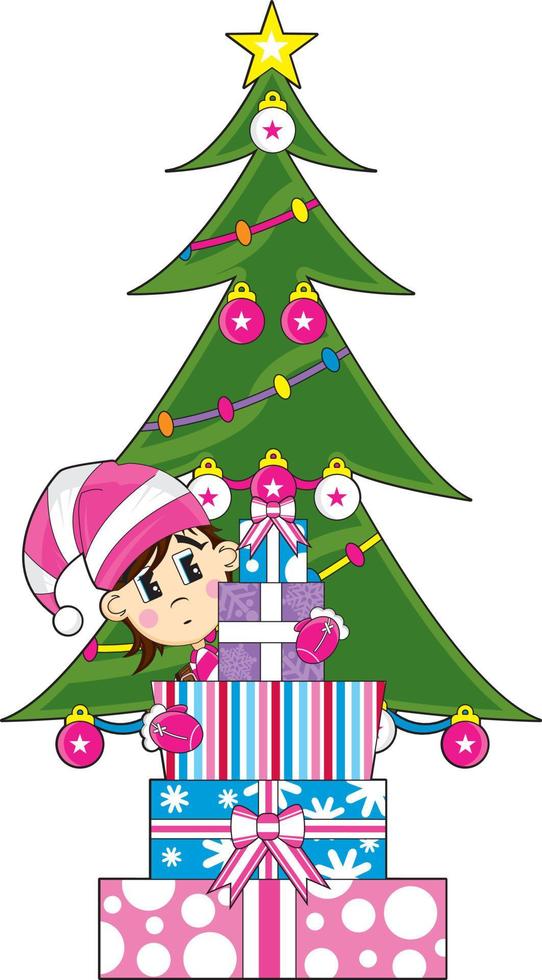 linda dibujos animados Navidad duende y Navidad árbol con regalos vector