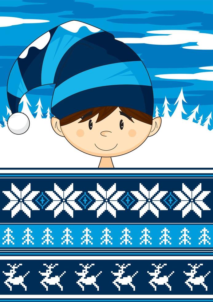 dibujos animados Navidad duende en lanoso sombrero con copos de nieve y renos vector