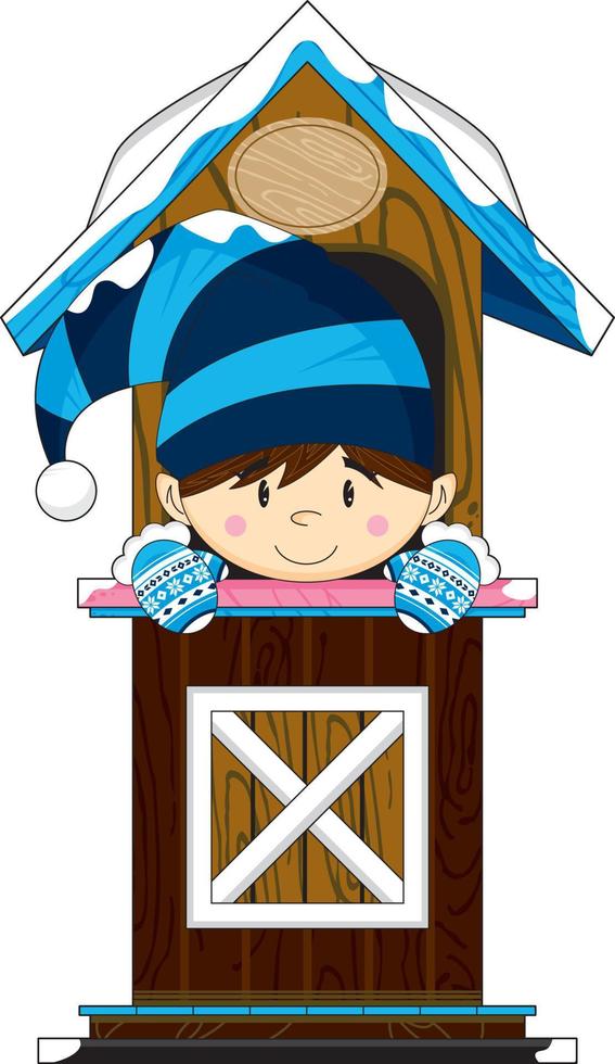 Cute Cartoon Christmas Santa Elf in Winter Hut vector