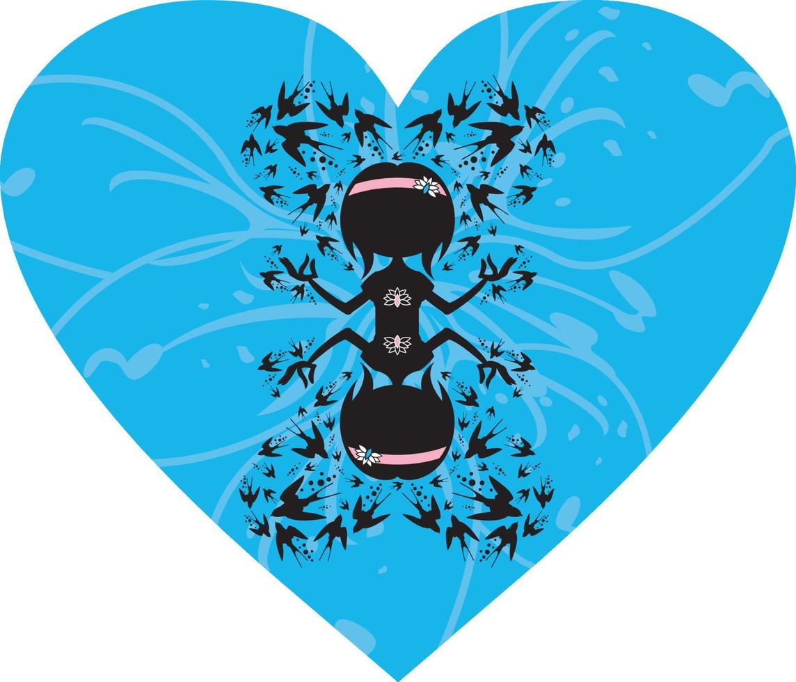 Cartoon Yoga Girl with Swallows in Heart Illustration vector