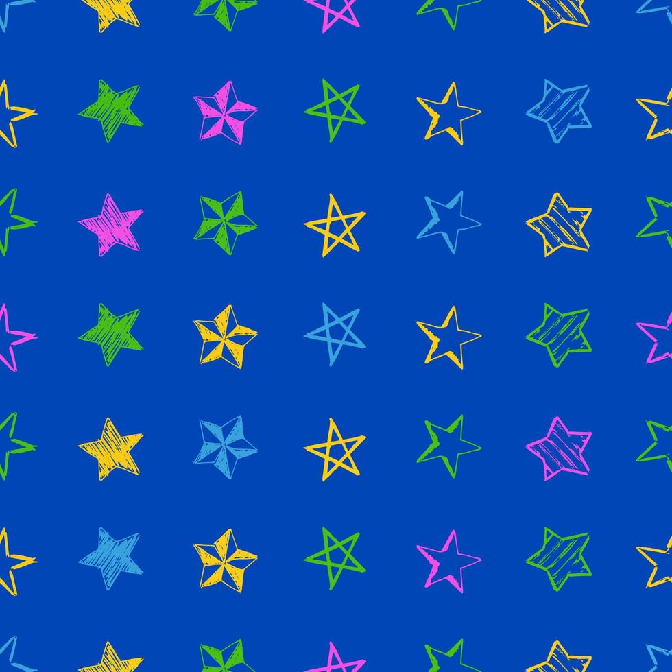 Seamless background of doodle stars. Multicolor hand drawn stars on blue background. Vector illustration