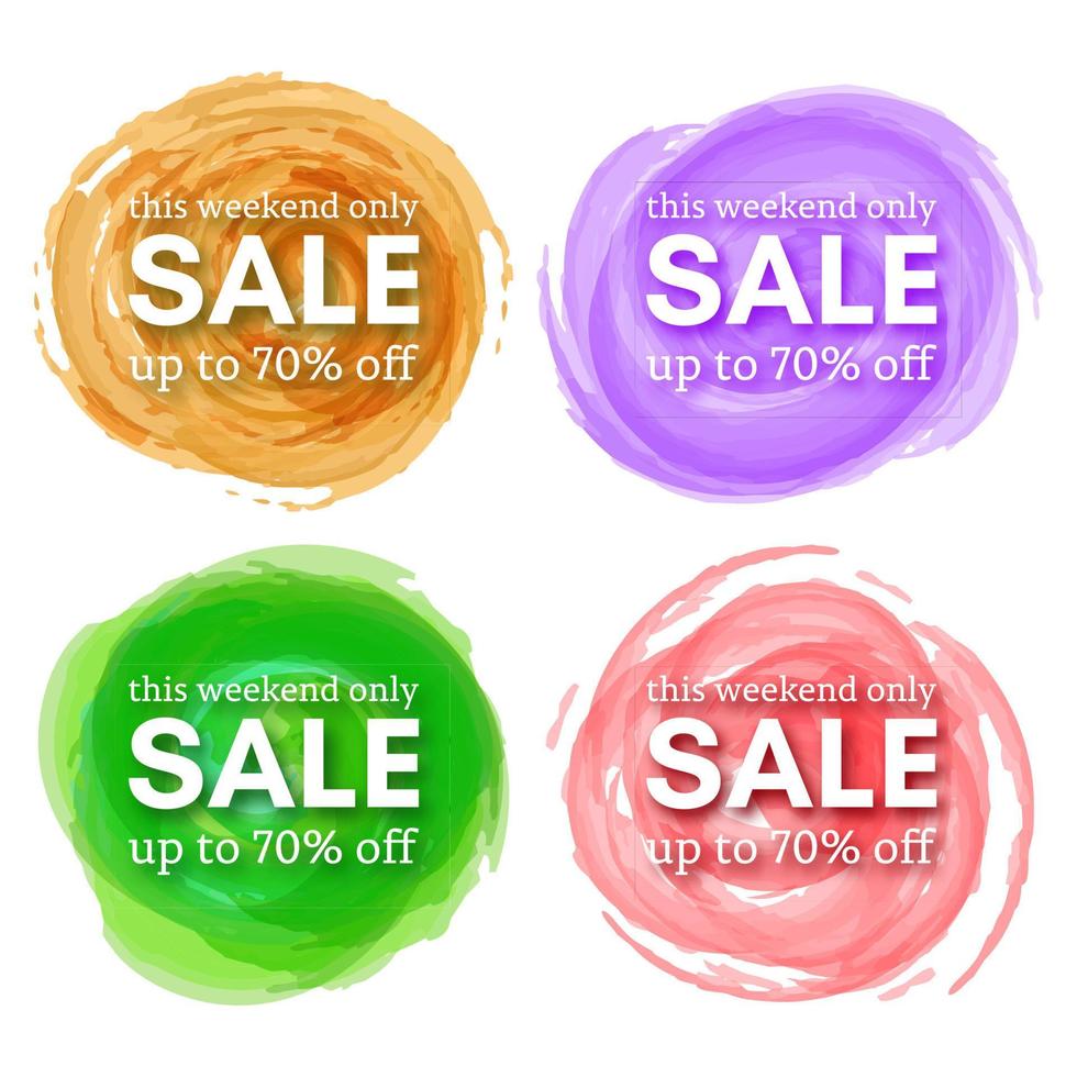 Set of Four Sale this weekend only up to 70 off sign with shadow over red watercolor spot. Vector illustration