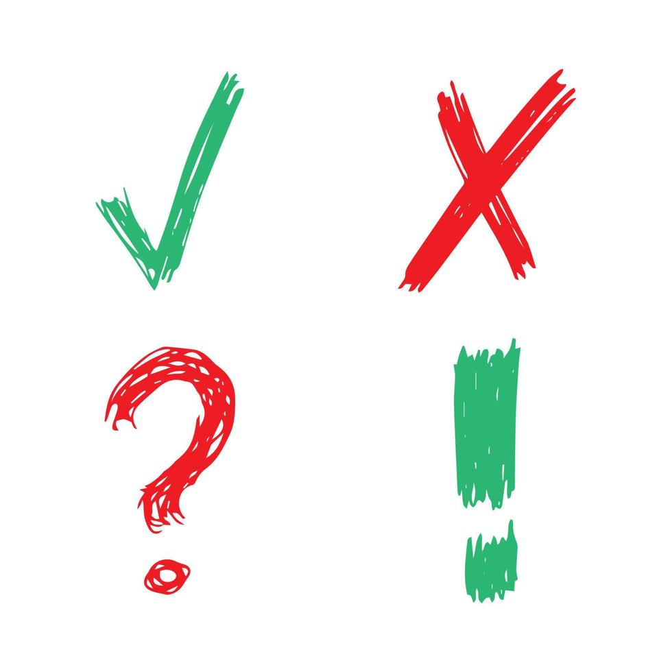 Hand drawn check, cross, question mark and exclamation mark symbols. Set of four green and red sketch symbols. Vector illustration