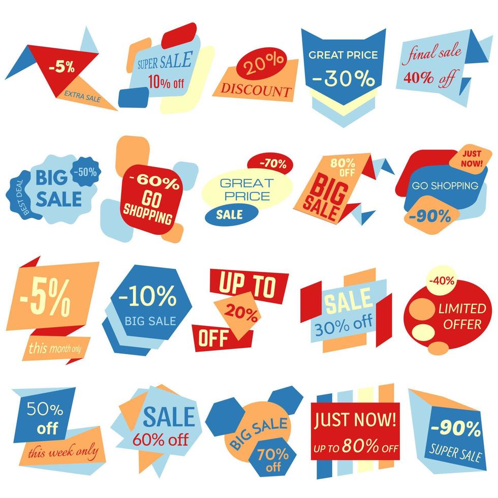 Set of Sale Discount Labels, Tags, Emblems. Web collection of stickers and badges for sale. Isolated vector illustration.