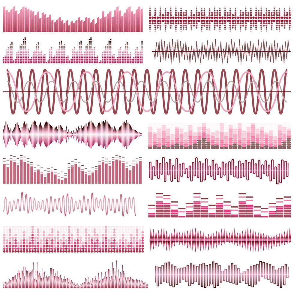 conjunto vectorial de ondas sonoras rojas. ecualizador de sonido ondas de sonido y audio aisladas sobre fondo blanco. vector