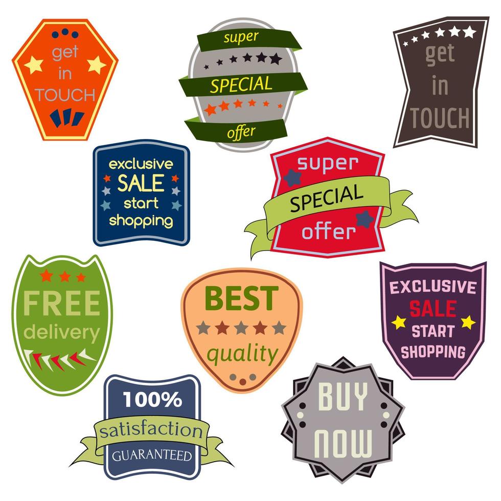 Set of Ten Vector Badges with Ribbons. Web stickers and labels. Isolated vector illustration.