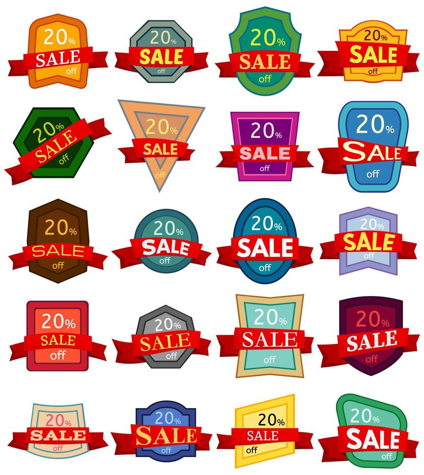 Set of twenty discount stickers. Colorful badges with red ribbon for sale 20 percent off. Vector illustration.