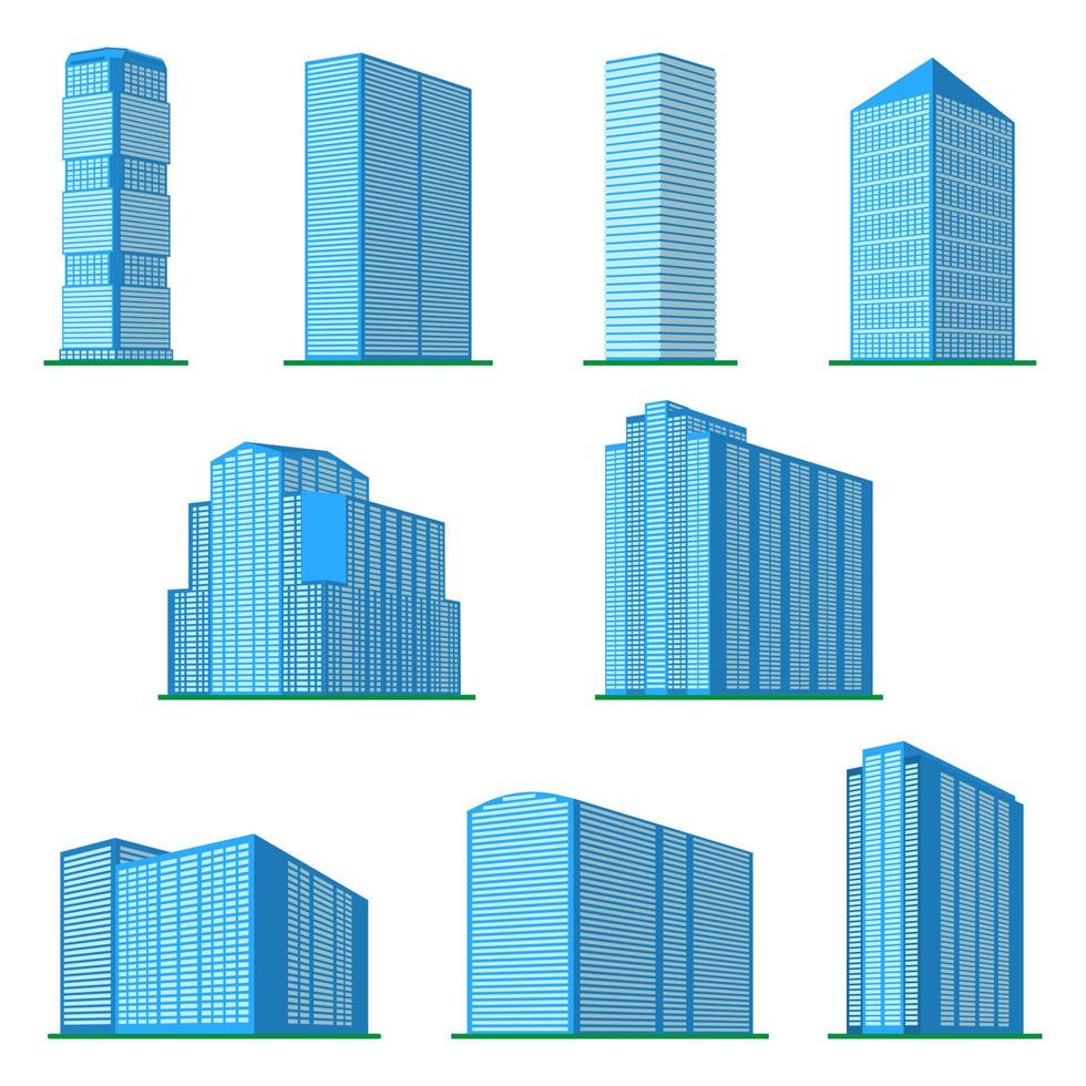 conjunto de nueve edificios modernos de gran altura sobre un fondo blanco. vista del edificio desde abajo. ilustración vectorial isométrica. vector